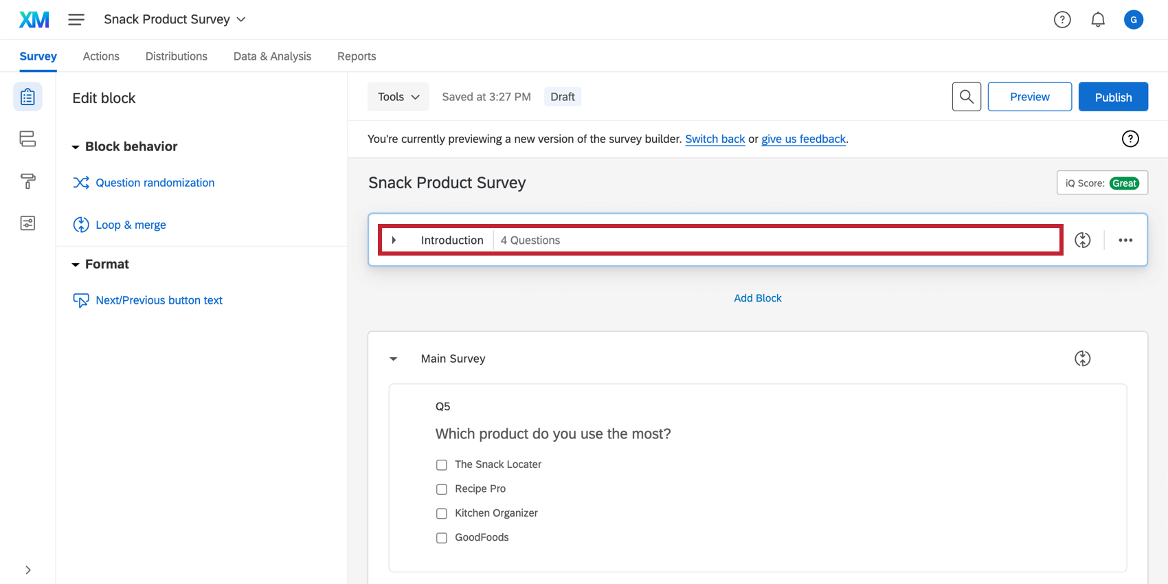 El título del Bloque está resaltado y muestra dónde hacer clic si desea abrir un bloque.