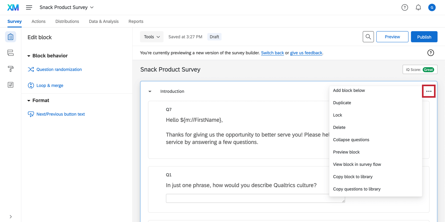 右上のブロックオプションアイコンを選択すると、ブロックオプションのドロップダウンが開きます。
