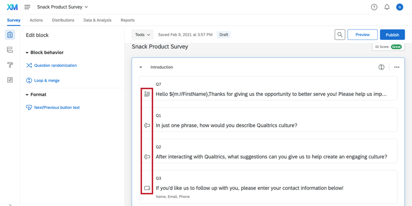 Questions are collapsed; question icons appear on the left side of the block to indicate question type
