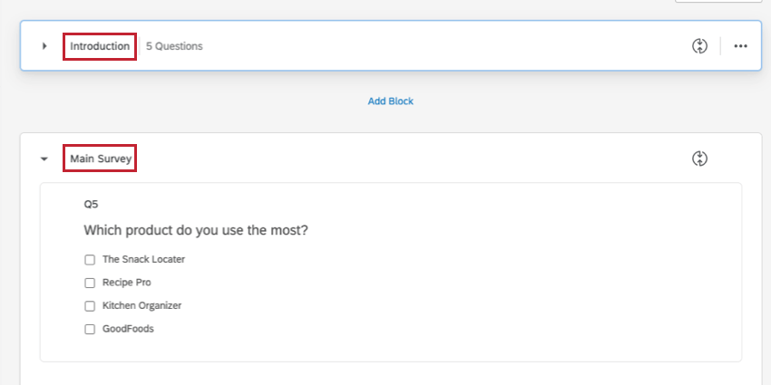 Die Namen von zwei Blöcken werden hervorgehoben. Es gibt einen Einführungs- und einen Umfrage.