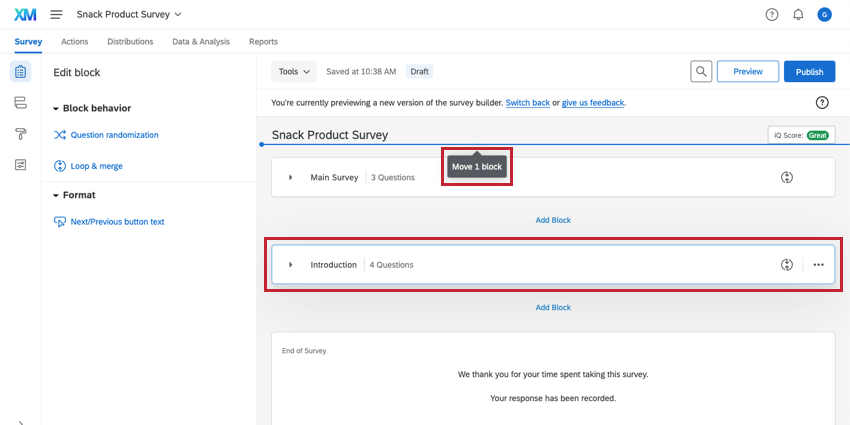 Block is clicked and dragged in order to move it to the top of the survey editor