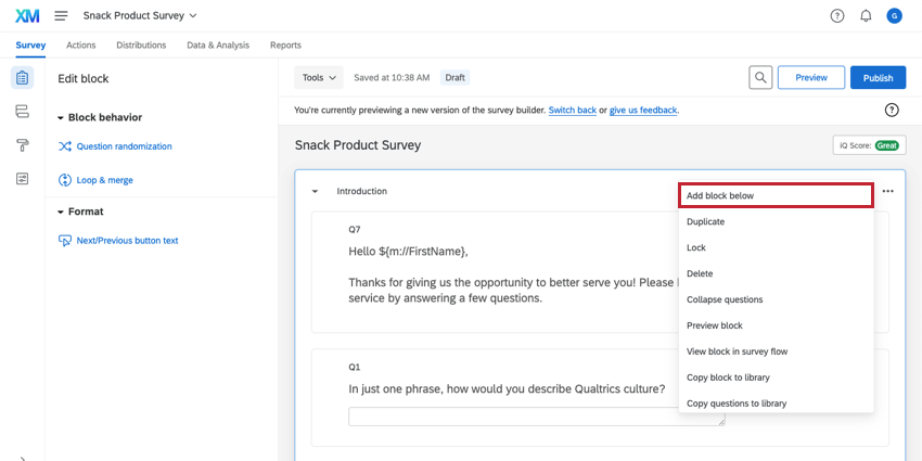 Block unter Option hinzufügen