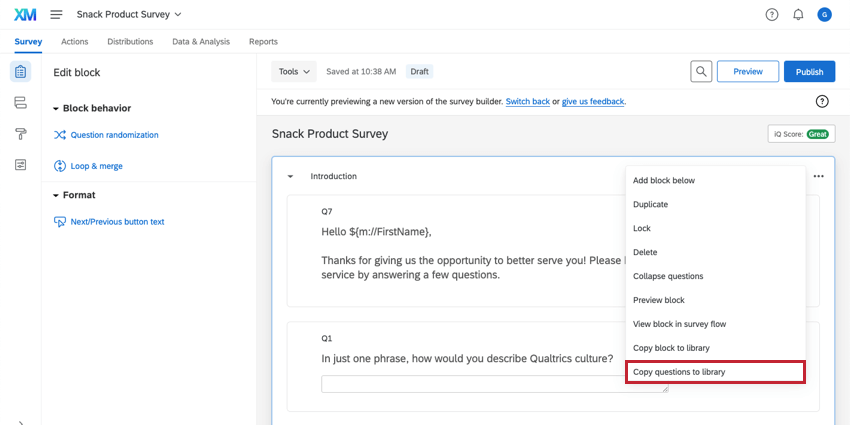 Copia le domande nella libreria nelle opzioni del blocco