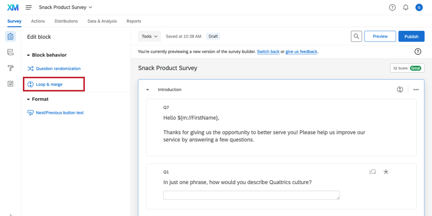 Boucle et fusion dans le menu du bloc dédition