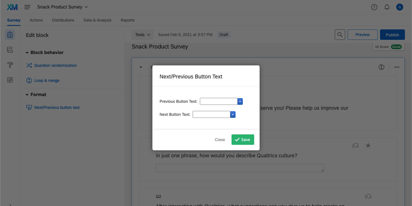 Fenêtre de texte du bouton Suivant/Précédent avec des champs pour saisir le texte du bouton Précédent et le texte du bouton Suivant