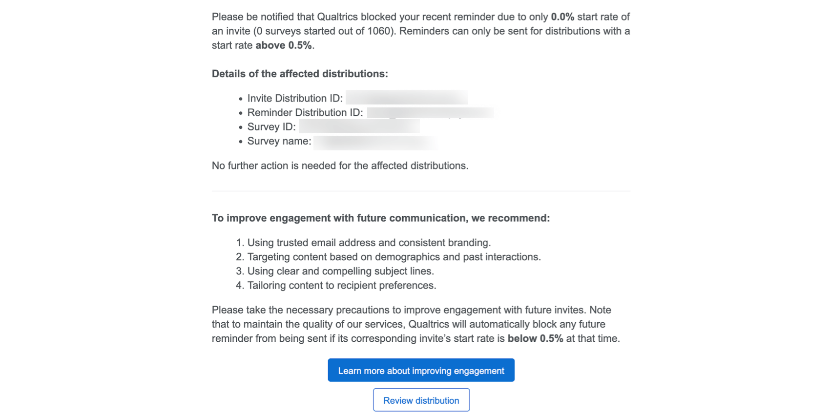 die E-Mail, die gesendet wird, wenn eine Erinnerung aufgrund von geringem Engagement blockiert wird