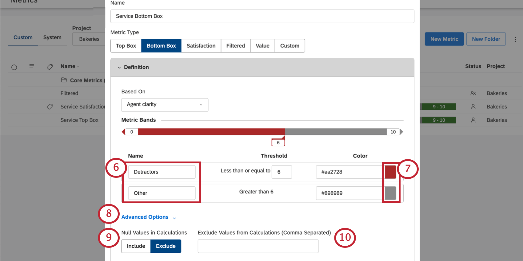 Configuración del nombre y los colores de las bandas del cuadro inferior