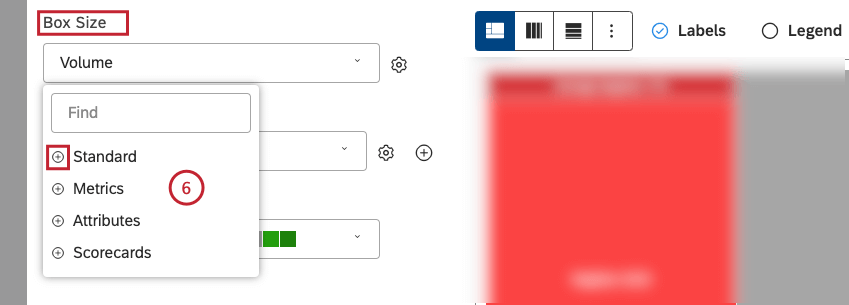 Sélectionnez lune des options de calcul suivantes, qui sera reflétée par la taille des cases : Standard, Métriques, Attributs ou Scorecards.