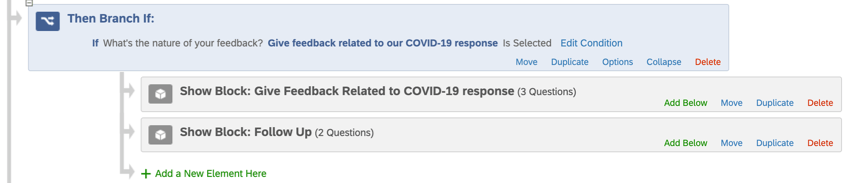 Nel flusso del sondaggio, un blocco grigio, una diramazione blu con un blocco grigio rientrato sotto di essa e un blocco grigio