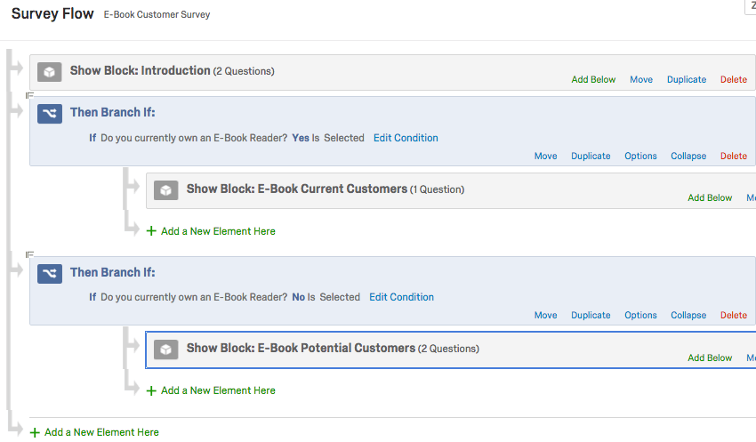 Verzweigungslogik, die besagt, dass ein Umfrageteilnehmer Eigentümer eines E-Book-Readers ist; er geht in einen Block mit Fragen für aktuelle E-Book-Kunden
