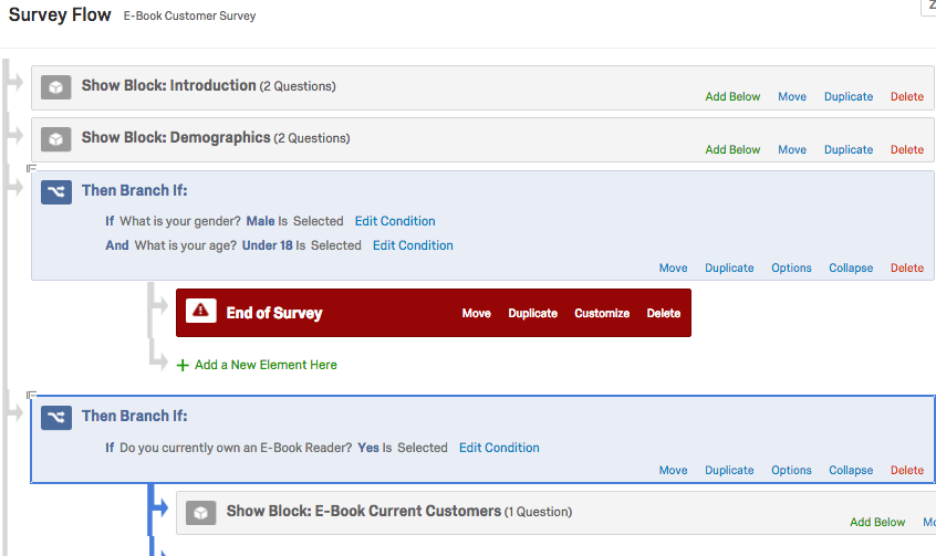 Logica diramazione che dice che se un rispondente dice di essere maschio e di avere meno di 18 anni, passerà a un elemento di Fine sondaggio