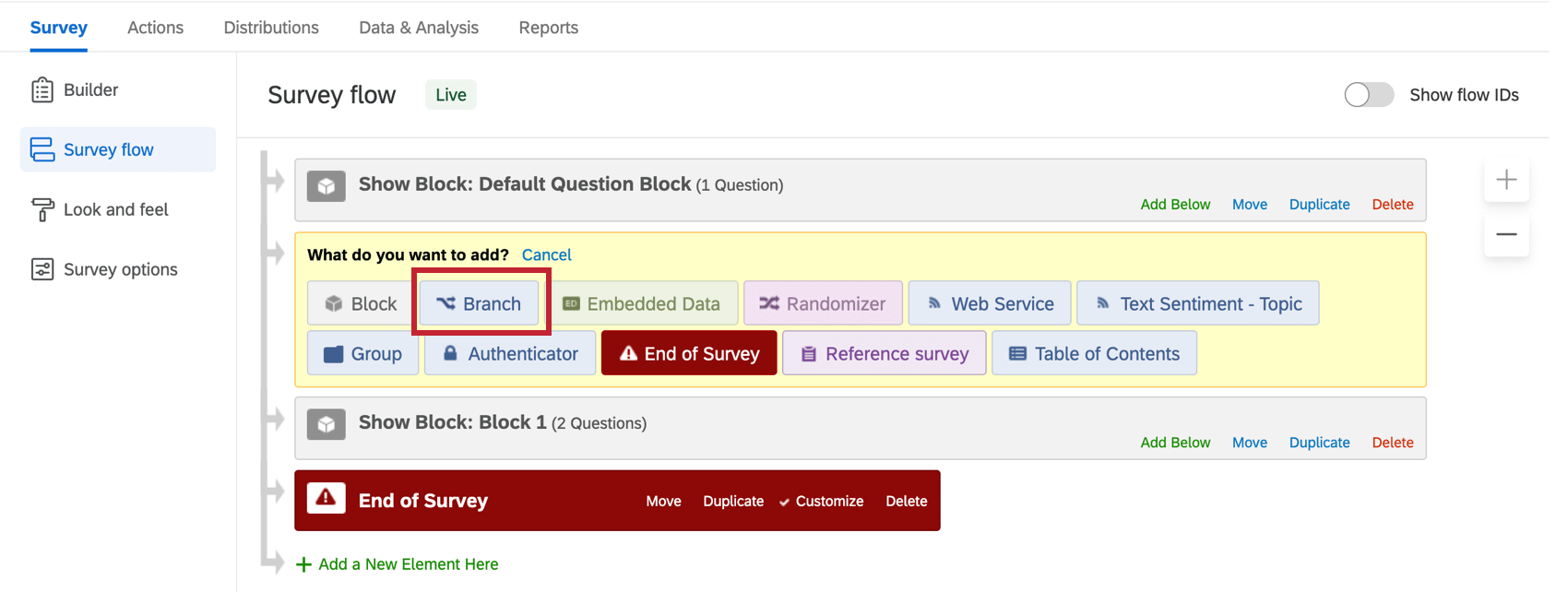 Botón de Rama en el menú ¿Qué desea agregar?