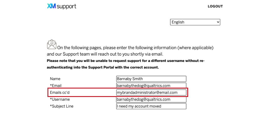 カスタマーサクセスハブのサポートフォームで、Emails cccdフィールドにメールの例があります。