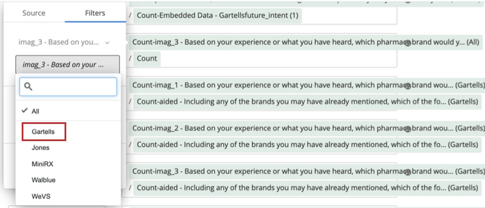 After the filter is added, second dropdown in menu allows you to select from a list of brands