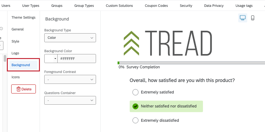 background section in theme editor