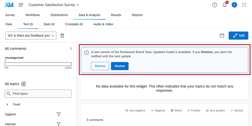 il messaggio di aggiornamento dellargomento del brand, che chiede di importare o di eliminare le modifiche apportate al modello