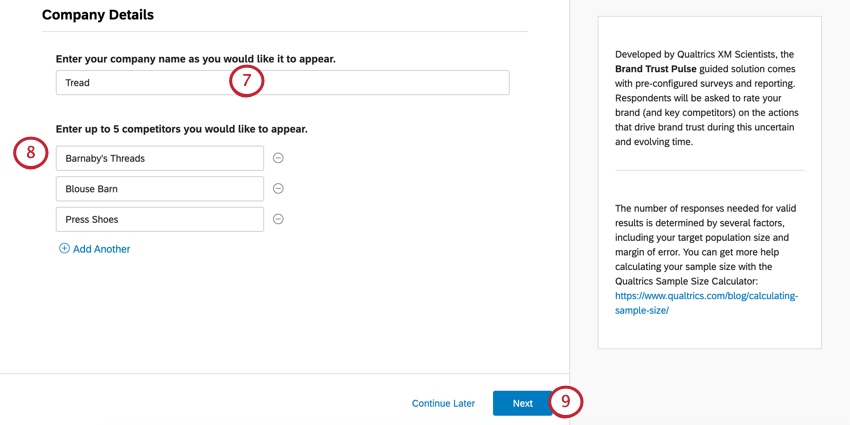Open text box for name. A series of text boxes for competitor names. Next button in blue bottom-right
