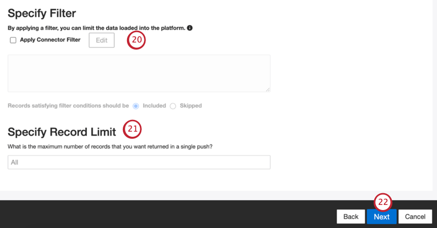 Página para especificar filtros y límites de registros