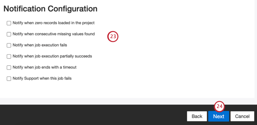 notification configuration, with list of settings
