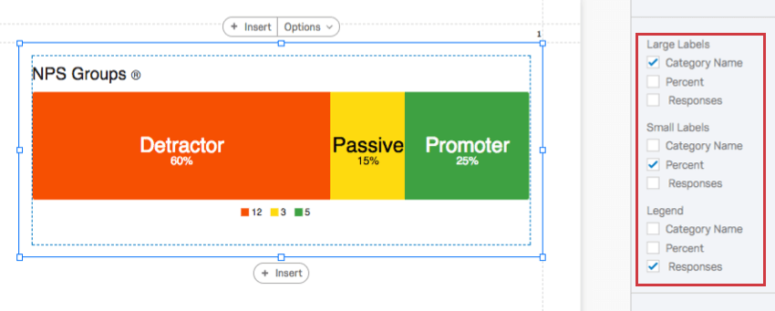 A breakdown bar with category name set to large label, percent to small label, and responss to legend