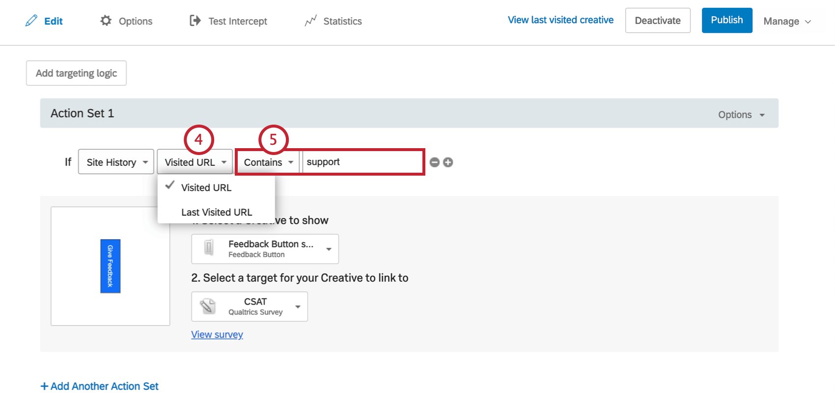 Condição diz para mostrar o criativo se o URL visitado do histórico do site contiver a palavra support