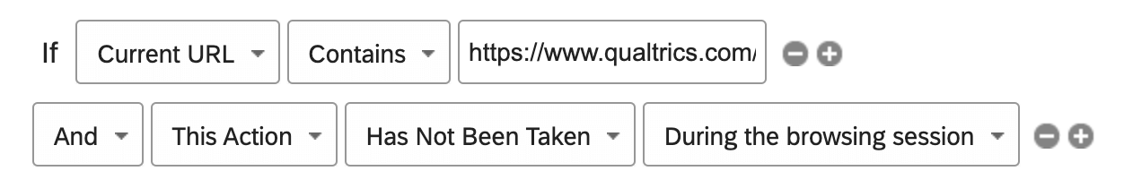 Intercept, die besagt, dass das Intercept funktioniert, wenn die aktuelle URL die qualtrics ist und diese Aktion während der Browsersitzung nicht ausgeführt wurde