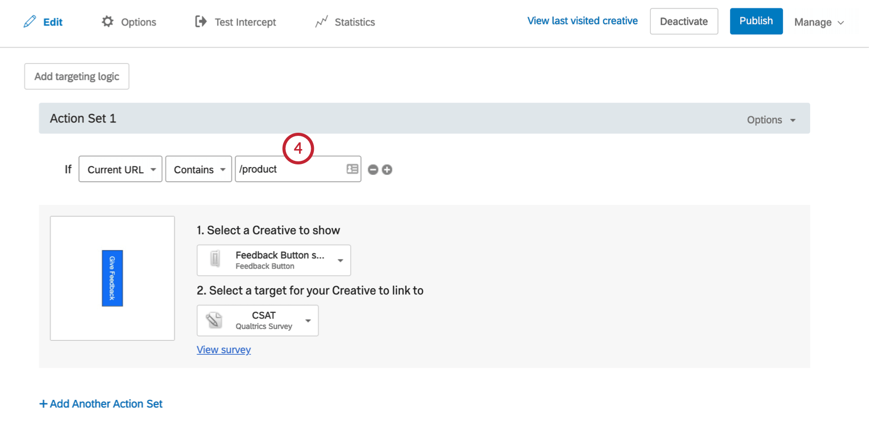 The condition says Current URL contains product