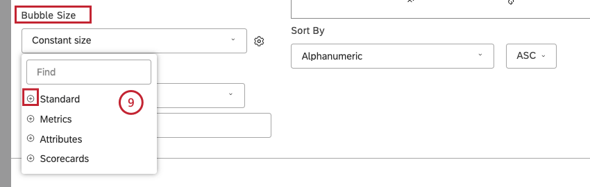 Select a calculation to be reflected by the size of the topic bubbles.