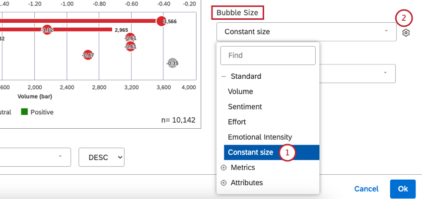 Select Constant size from the menu in the Bubble Size section. Click the gear icon.