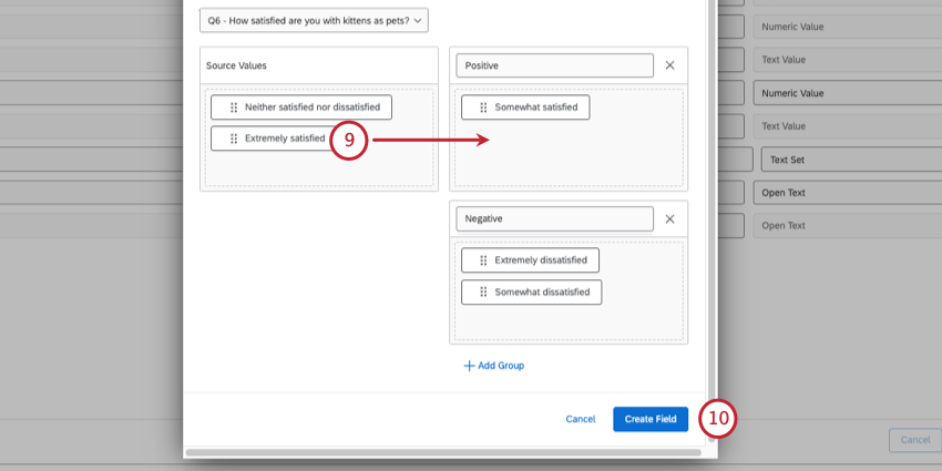 Werte auf der linken Seite werden in die Gruppierungskategorien auf der rechten Seite gezogen
