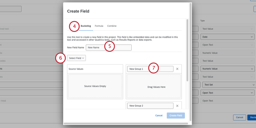 Bucketing option selected in top-right corner of Create field window