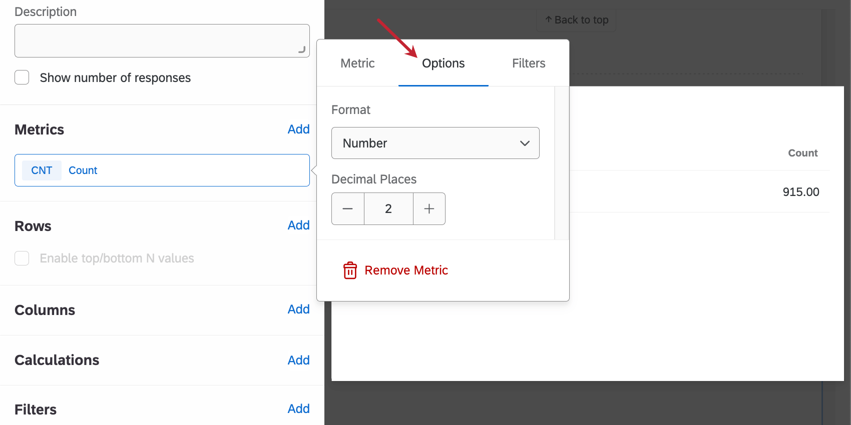 Pestaña Opciones en una métrica de widget