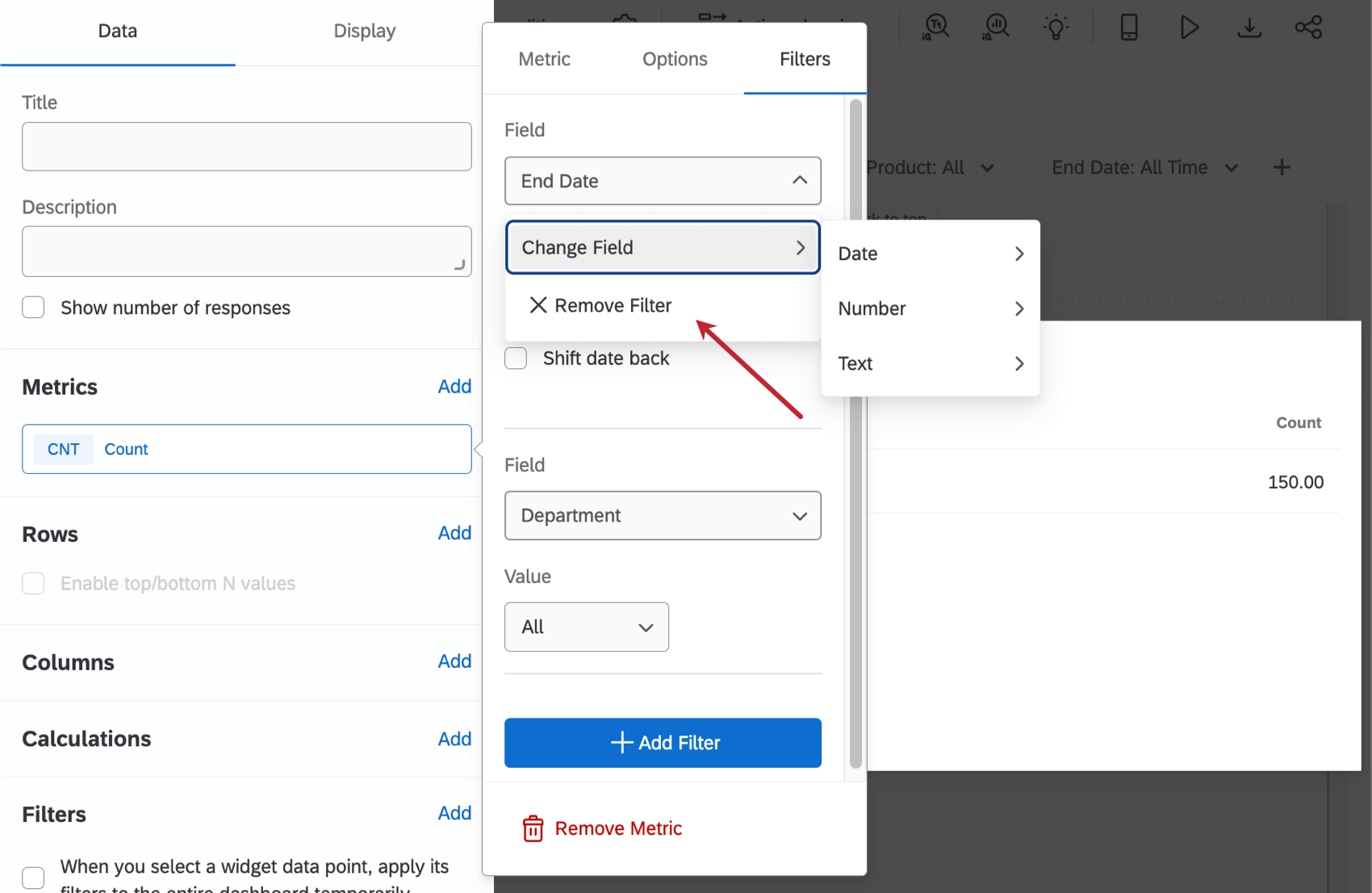 Die Metrik in einem Widget wird geöffnet, die Filterregisterkarte wird geöffnet. Klicken Sie auf einen Filter, und wählen Sie „Entfernen“ aus der Dropdown-Liste aus.