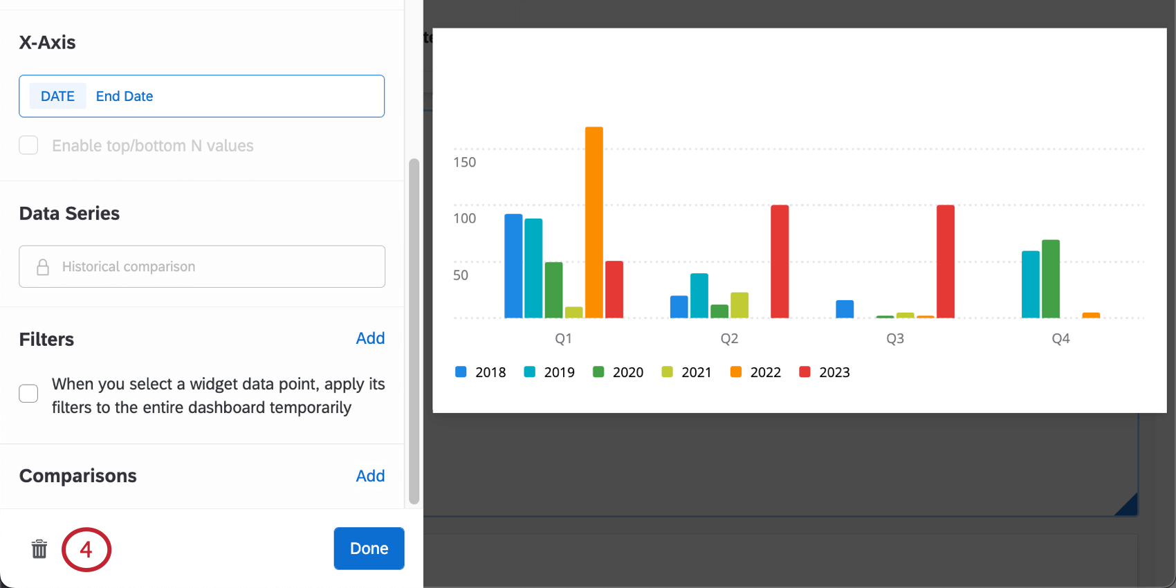 painel de edição widget aberto à esquerda, botão lixeira lixeira sempre na parte inferior do painel