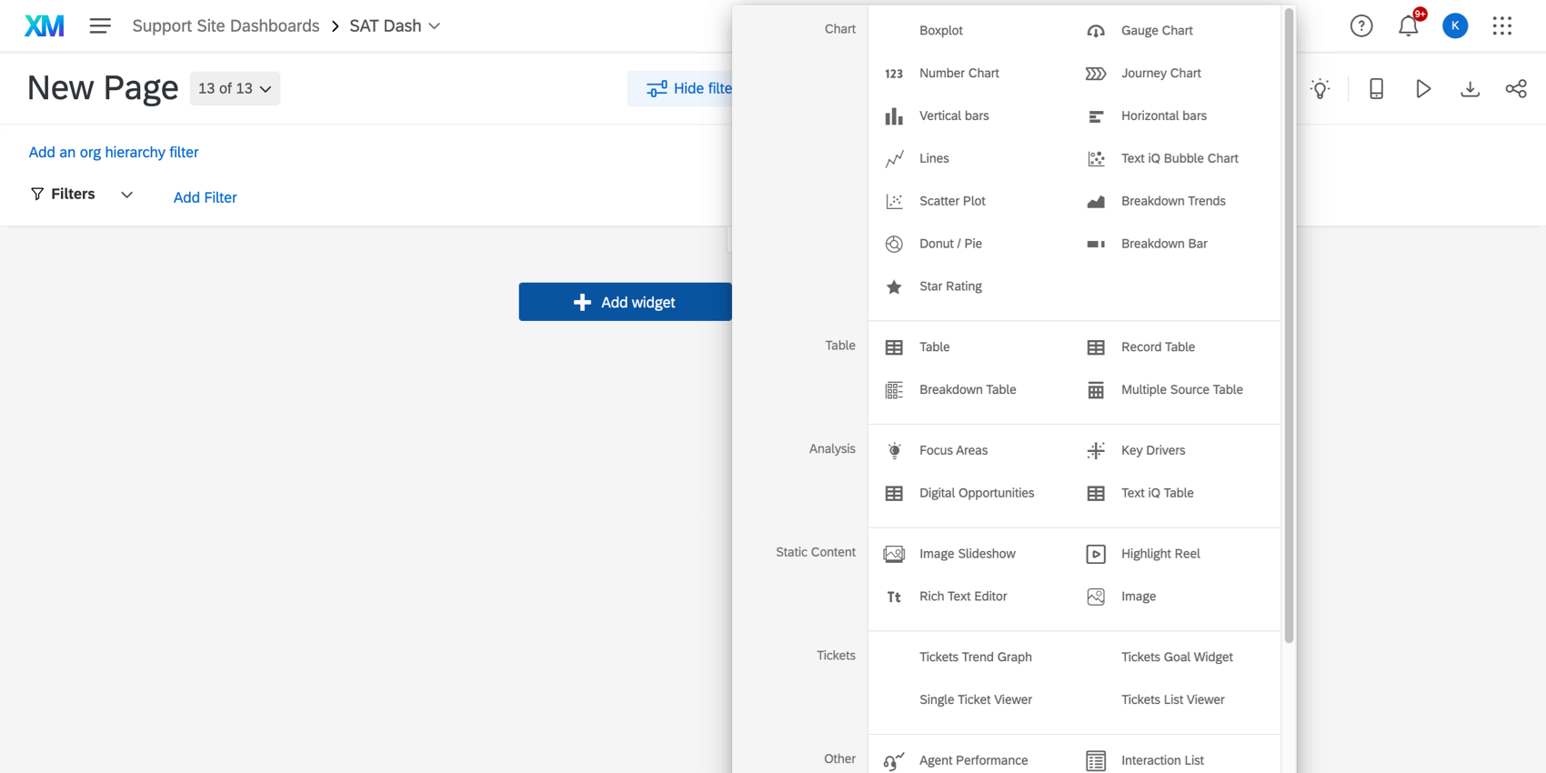 Clicar no botão Adicionar widget na parte inferior do dashboard abre um menu de tipos de widget para escolher