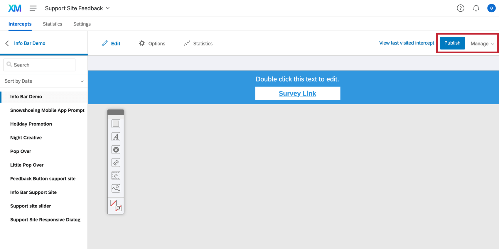 Opções Publicar e Gerenciar no canto superior direito do editor criativo