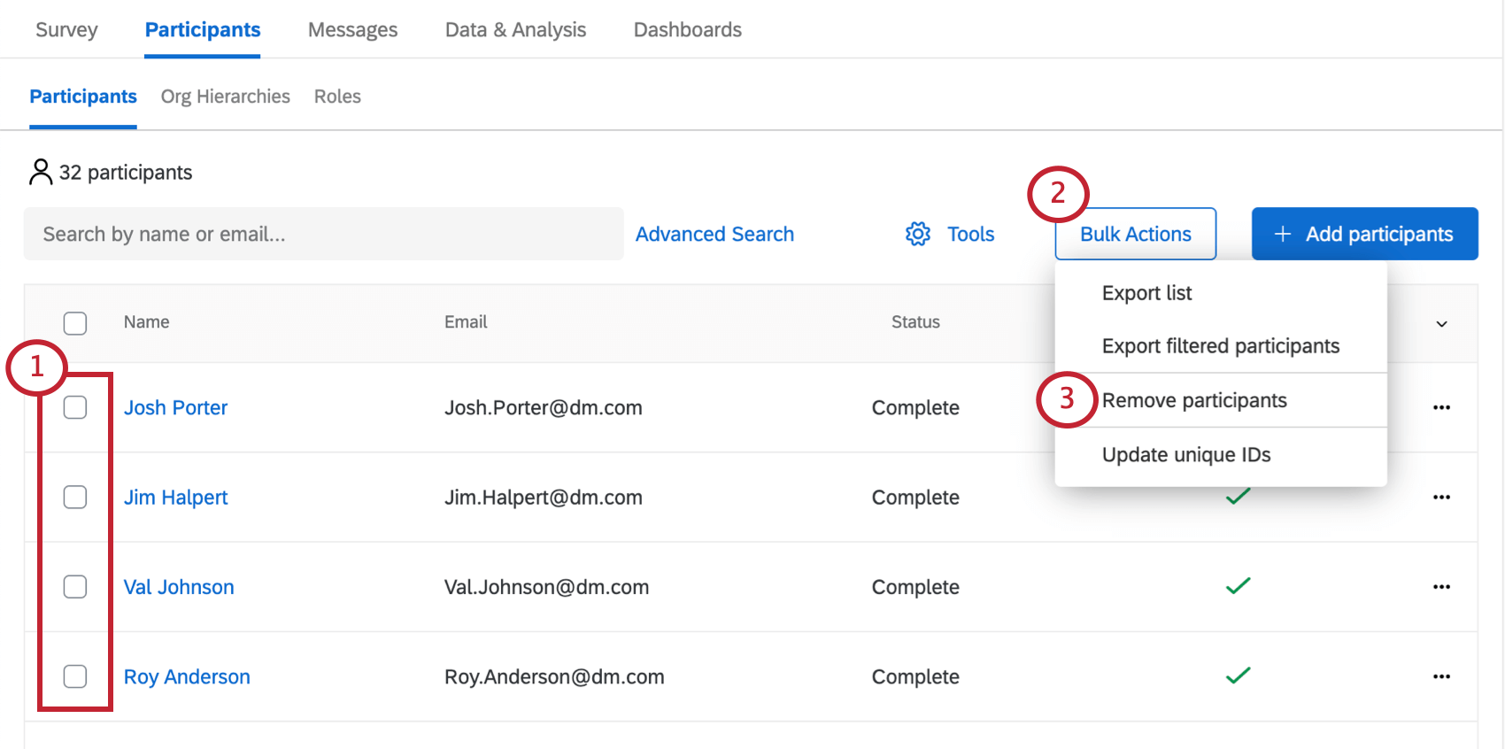 Remover a opção de participantes do menu de ações em massa