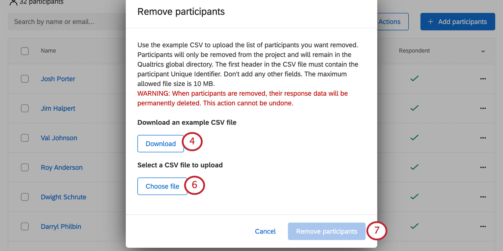 左に［ファイルを選択］と［CSV作成例］、右下に［参加者を削除］が表示された［参加者を削除］ウィンドウ