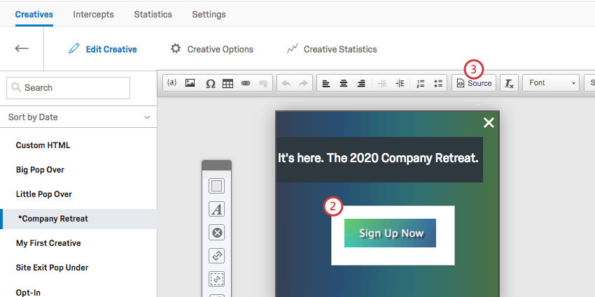 The button in the Creative editor is double clicked, revealing a new toolbar up top with a Source button in it
