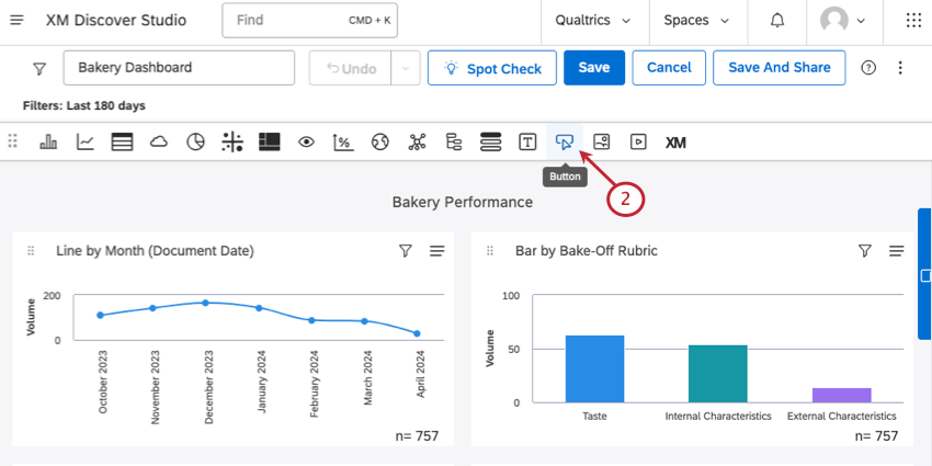 Header along top of an edited dashboard includes widget types