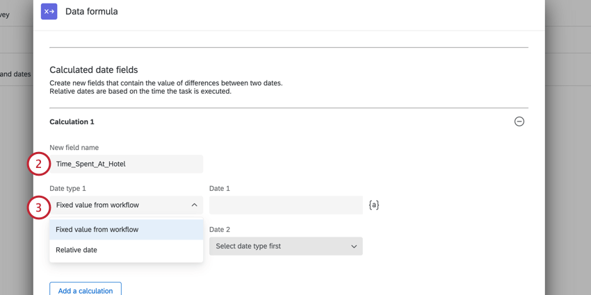 en donnant un nom au champ et en choisissant le premier type de date