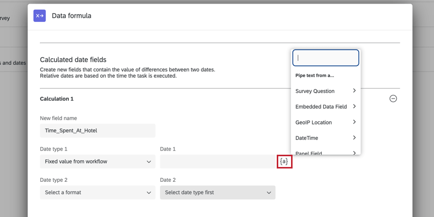 the piped text menu for choosing a fixed date