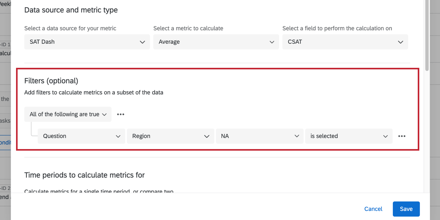 Abaixo da fonte de métrica, está escrito Filtros - opcional. Este está configurado para dizer, pergunta, Região, América do Norte é selecionado