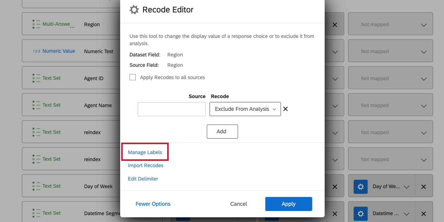 Recode editor opened in dashboard data settings