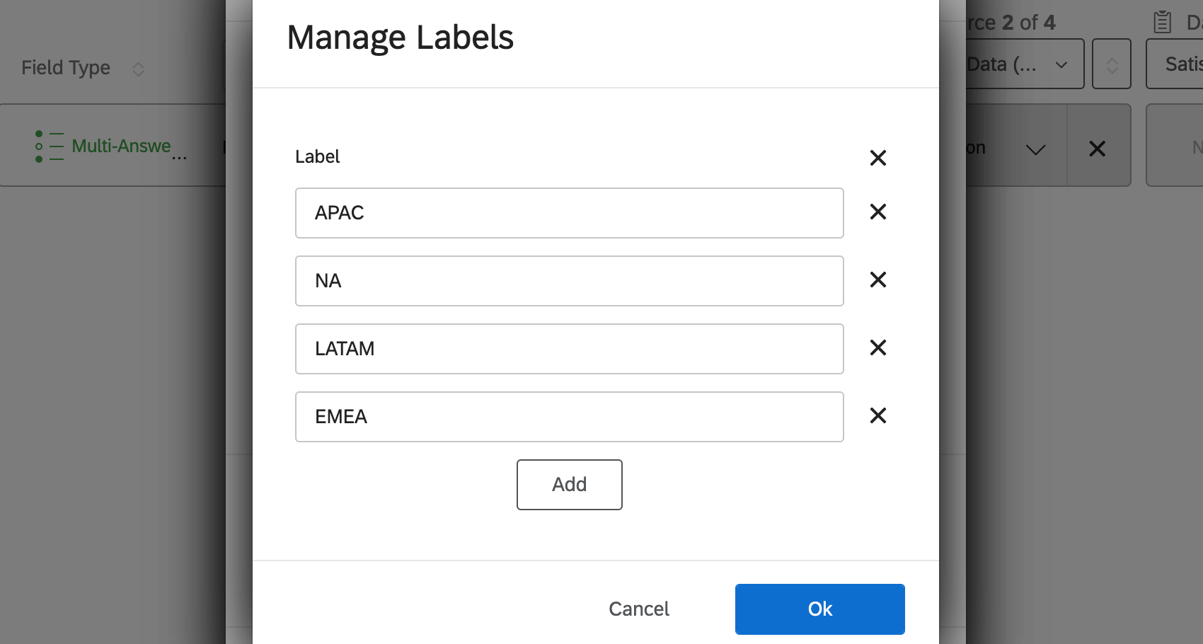 Manage Labels window has a list of regions