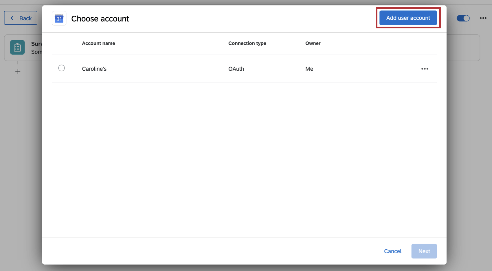 Choose account screen with "add user account" button highlighted.