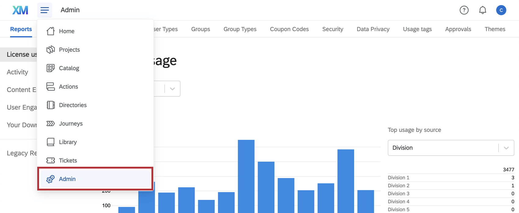 Menu a tendina con scheda Amministrazione selezionata