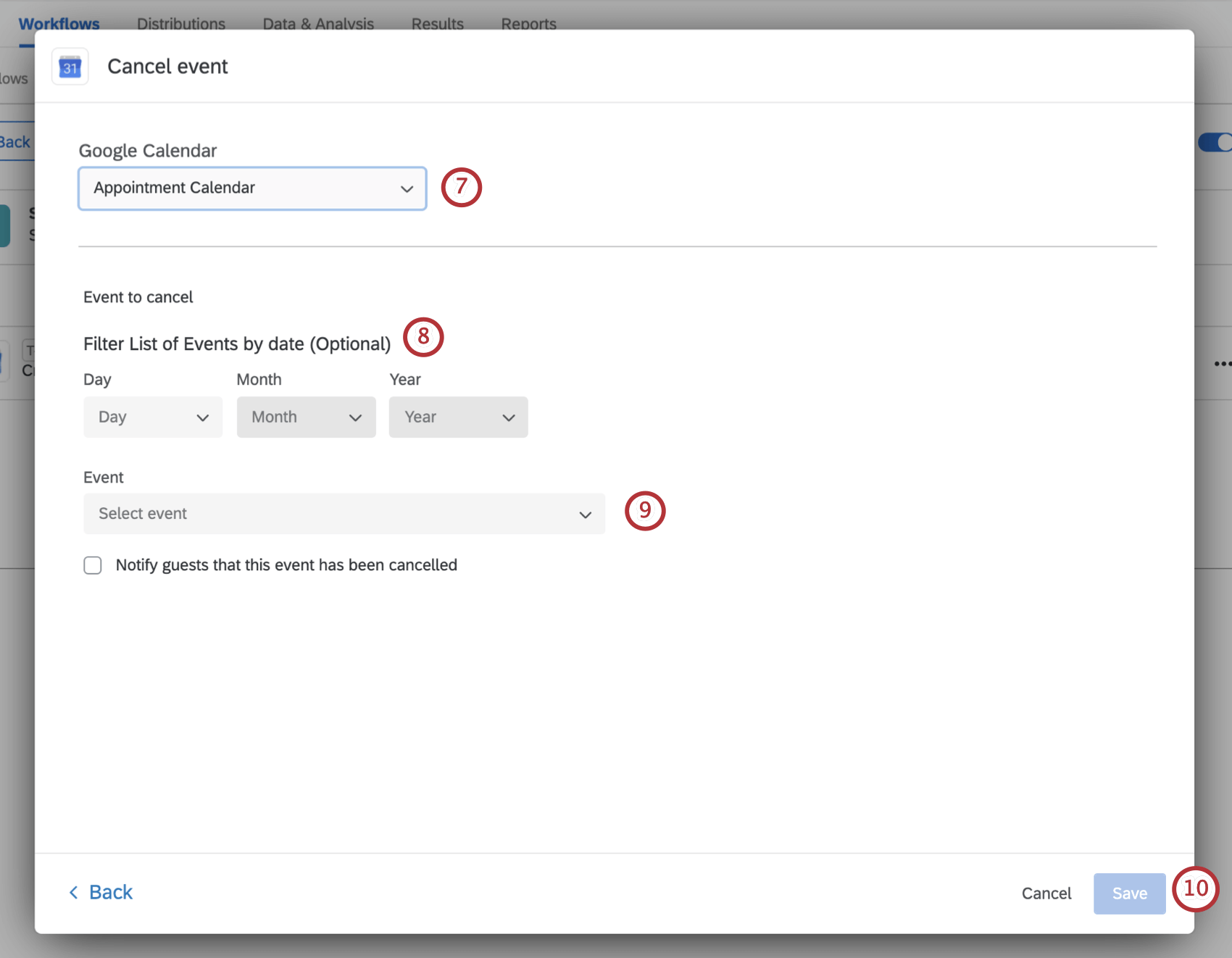 choosing the calendar and then filtering to find the event to cancel