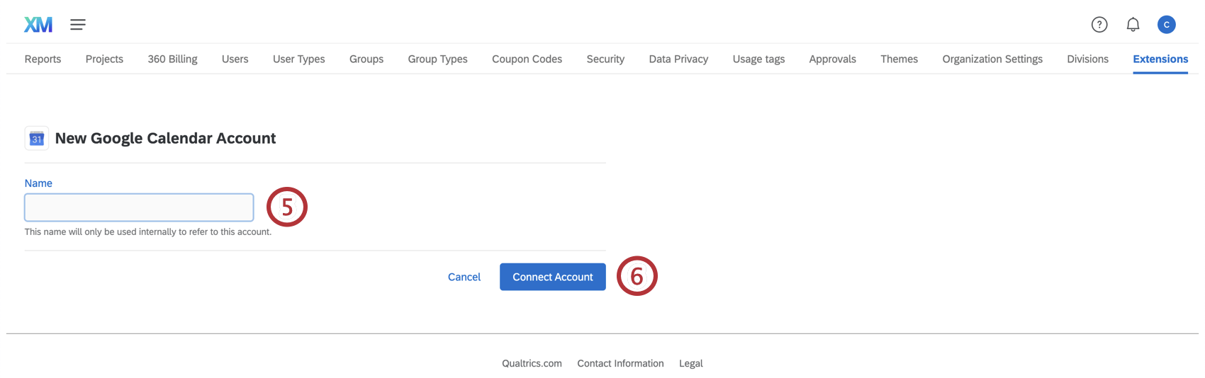Écran du nouveau compte avec les boutons "Nom" et "Connexion au compte" surlignés.