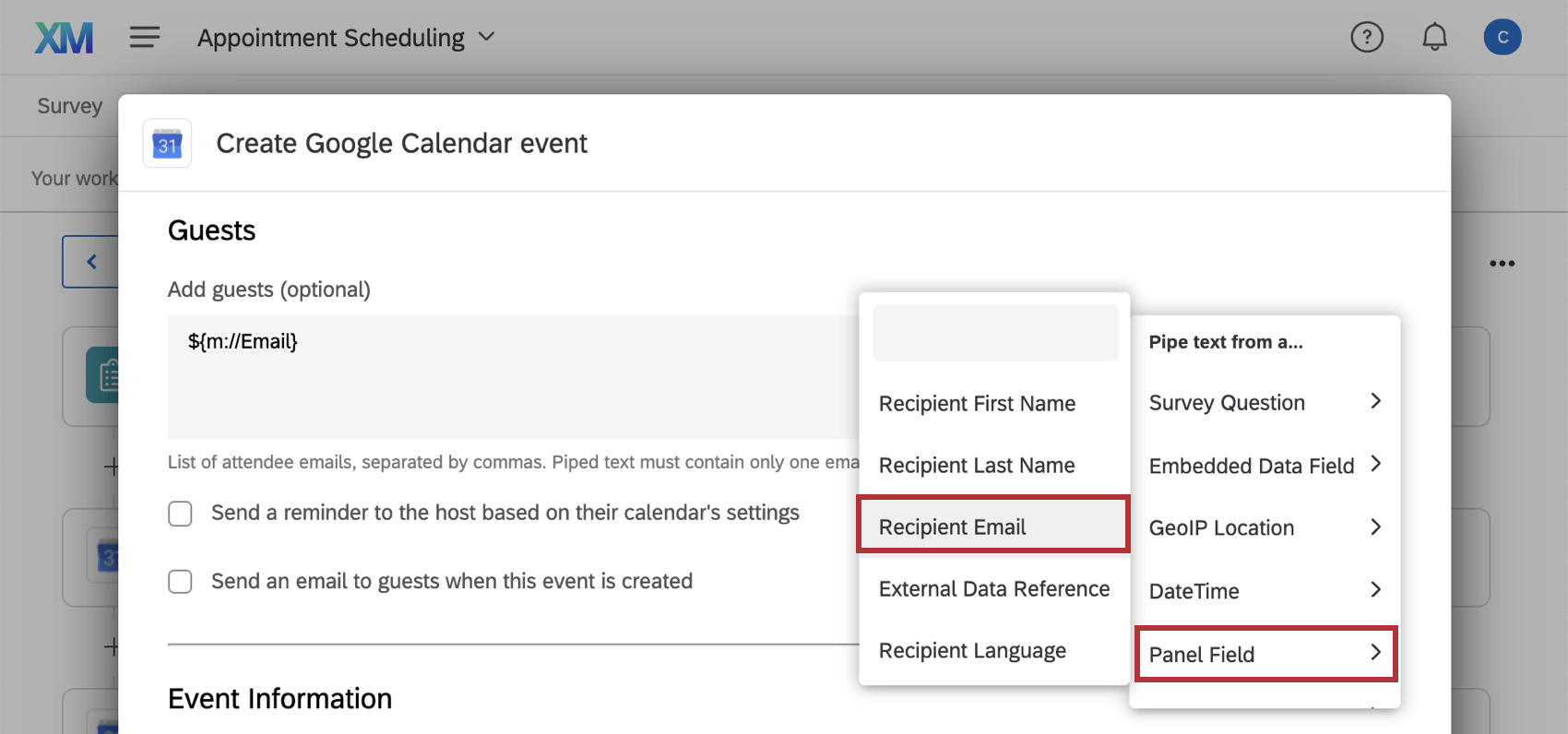 Dropdown-Liste Dynamischer text mit ausgewählter Empfänger:in und Panel.